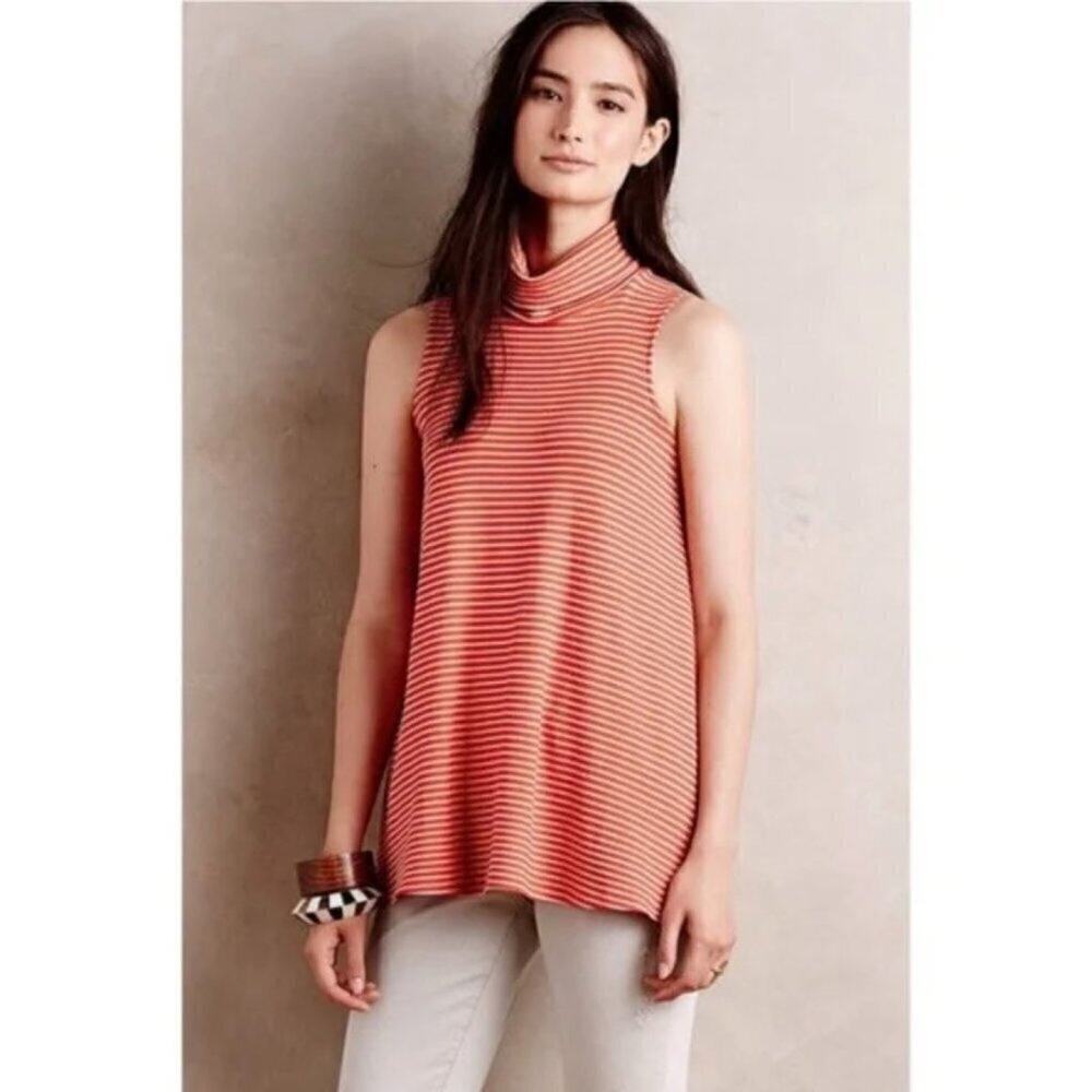Anthropologie Puella size Small Orange and Beige Mock Neck Striped Swing Tunic